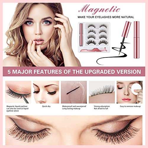 Magnetic Eyelashes Kit with four pairs of black 3D lashes, magnetic eyeliner, and a pink storage case