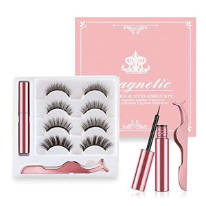 Magnetic Eyelashes Kit with four pairs of black lashes in a white tray, pink magnetic eyeliner and curved applicator
