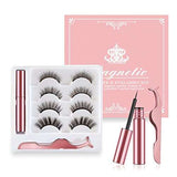 Magnetic Eyelashes Kit with four pairs of black lashes in a white tray, pink magnetic eyeliner and curved applicator