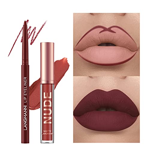 Matte Lipstick and lip liner set with a nude liquid lipstick, burgundy pencil and two lip color swatches