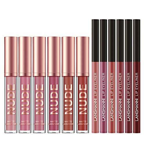 Matte Lipstick set with six nude liquid lipsticks in rose-gold tubes and six matching burgundy-toned lip liners