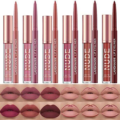 Matte Lipstick set with six nude and rose liquid lipstick tubes paired with matching lip liner pencils and swatches