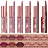 Matte Lipstick set with six nude and rose liquid lipstick tubes paired with matching lip liner pencils and swatches