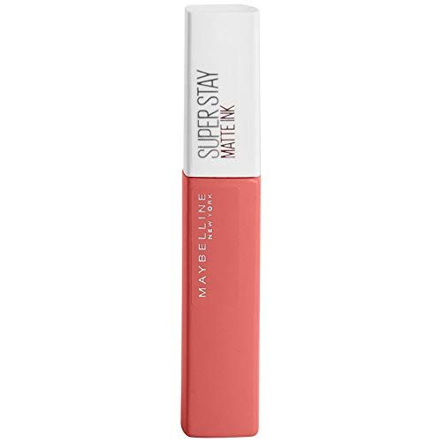 Maybelline Superstay Matte Ink liquid lipstick in a coral-pink nude shade, with a tall white cap and rectangular tube