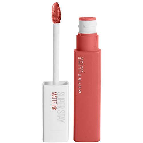 Maybelline Superstay Matte Ink liquid lipstick with a coral-red tube, white cap and matching color on the applicator