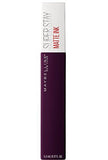 Maybelline Superstay Matte Ink liquid lipstick tube in deep plum with a white cap and slim rectangular shape