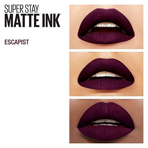Maybelline Superstay Matte Ink lipstick shown as three close-ups of lips wearing a deep plum, matte finish