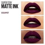 Maybelline Superstay Matte Ink lipstick shown as three close-ups of lips wearing a deep plum, matte finish