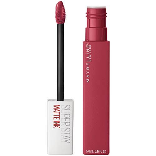 Maybelline Superstay Matte Ink liquid lipstick in a deep rose shade with a matching doe-foot applicator and clear cap