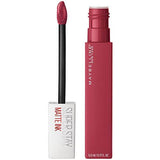 Maybelline Superstay Matte Ink liquid lipstick in a deep rose shade with a matching doe-foot applicator and clear cap