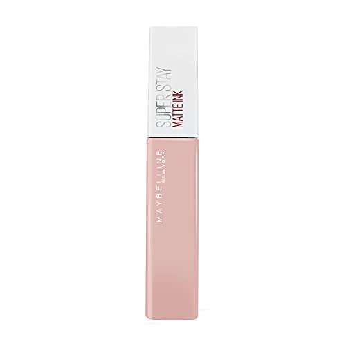 Maybelline Superstay Matte Ink liquid lipstick in a dusty nude pink tube with a white cap and slim rectangular shape