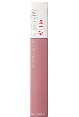 Maybelline Superstay Matte Ink liquid lipstick in a dusty rose-pink tube with a white cap and matte ink lettering