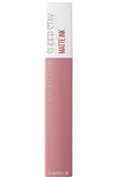 Maybelline Superstay Matte Ink liquid lipstick in a dusty rose-pink tube with a white cap and matte ink lettering