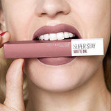 Maybelline Superstay Matte Ink liquid lipstick in a dusty rose nude tube with white label and matte ink branding