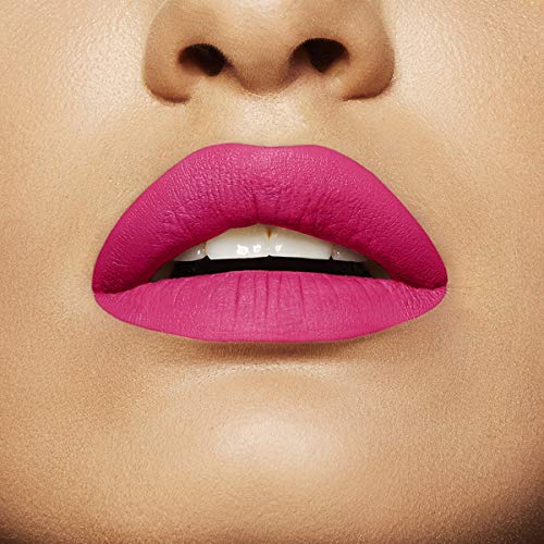 Maybelline Superstay Matte Ink lipstick shown as vibrant fuchsia-pink matte color on lips with a smooth, defined finish