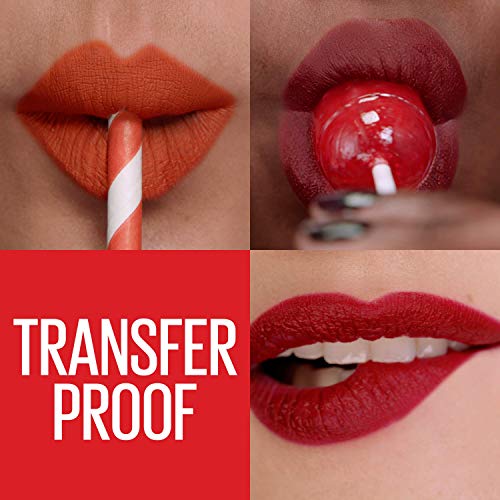 Maybelline Superstay Matte Ink liquid lipstick shown on lips in warm terracotta and deep red shades, with transfer-proof text