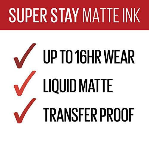 Maybelline Superstay Matte Ink liquid lipstick graphic with red header, checkmarks and claims for 16-hour wear, liquid matte and transfer proof