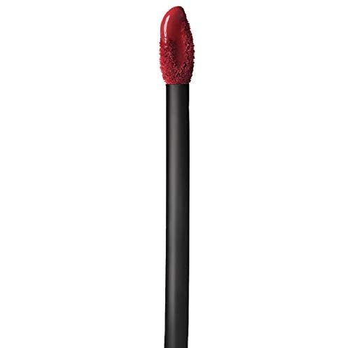 Maybelline Superstay Matte Ink liquid lipstick applicator with a black handle and deep red product-coated tip
