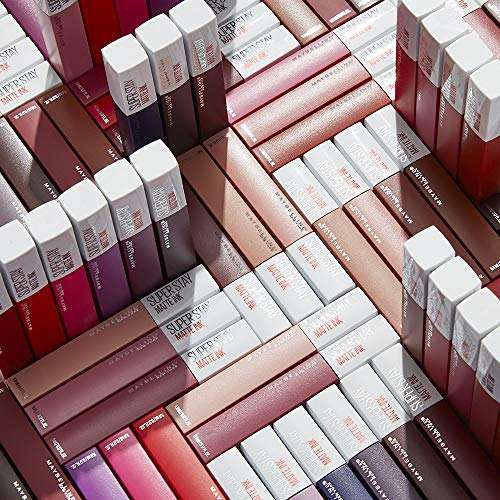 Maybelline Superstay Matte Ink liquid lipsticks in assorted nude, pink and berry shades, in rectangular boxes with white caps