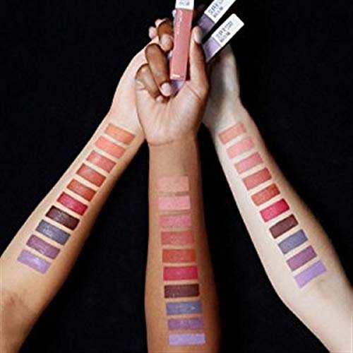 Maybelline Superstay Matte Ink liquid lipsticks in rectangular tubes, with rows of pink, red, nude and purple swatches on arms