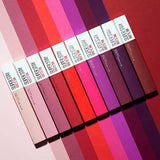 Maybelline Superstay Matte Ink liquid lipsticks in assorted nude, pink, red and purple shades with white caps