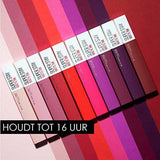 Maybelline Superstay Matte Ink liquid lipsticks in a lineup of pink, coral, red, and purple shades with white caps