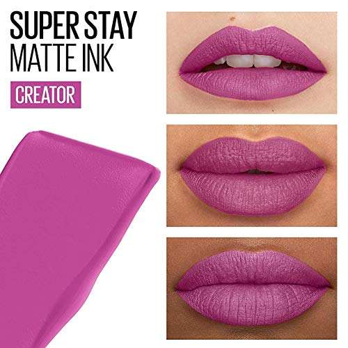 Maybelline Superstay Matte Ink liquid lipstick in vibrant magenta, shown with a matching applicator and matte lip swatches