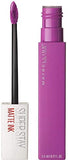 Maybelline Superstay Matte Ink liquid lipstick with a vivid magenta tube, black wand and purple doe-foot applicator