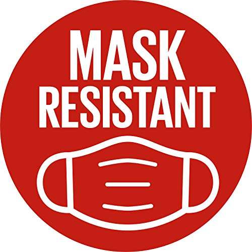 Maybelline Superstay Matte Ink mask-resistant claim graphic in red, with bold white lettering and a face mask icon