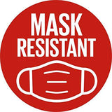 Maybelline Superstay Matte Ink mask-resistant claim graphic in red, with bold white lettering and a face mask icon