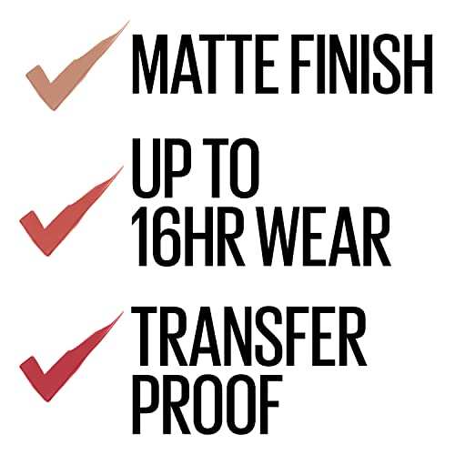 Maybelline Superstay Matte Ink feature graphic with three check marks highlighting matte finish, up to 16-hour wear, and transfer-proof claims