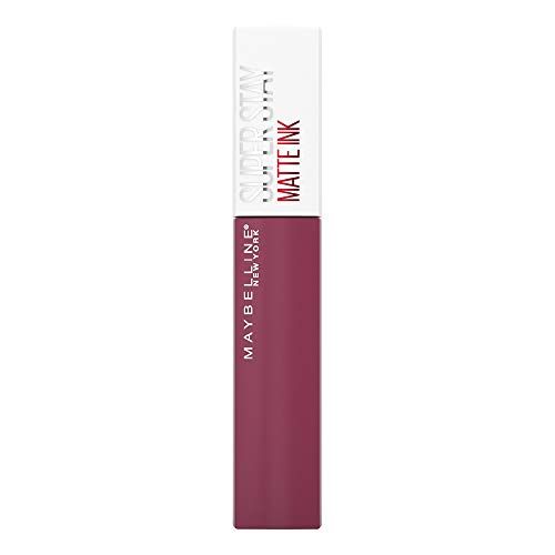 Maybelline Superstay Matte Ink liquid lipstick in a deep mauve tube with a white cap and bold printed lettering