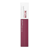 Maybelline Superstay Matte Ink liquid lipstick in a deep mauve tube with a white cap and bold printed lettering