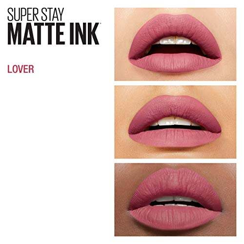 Maybelline Superstay Matte Ink liquid lipstick shown on lips in three views, with a muted mauve-pink matte finish.