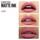 Maybelline Superstay Matte Ink liquid lipstick shown on lips in three views, with a muted mauve-pink matte finish.