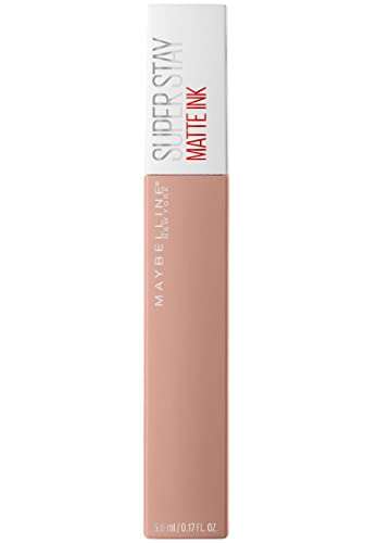 Maybelline Superstay Matte Ink liquid lipstick in muted nude pink, with a white cap and slim rectangular tube