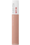 Maybelline Superstay Matte Ink liquid lipstick in muted nude pink, with a white cap and slim rectangular tube