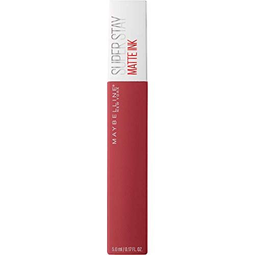 Maybelline Superstay Matte Ink liquid lipstick in a muted rose-red tube with a white cap and bold lettering
