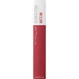 Maybelline Superstay Matte Ink liquid lipstick in a muted rose-red tube with a white cap and bold lettering