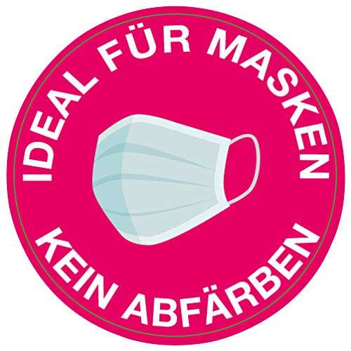 Maybelline Superstay Matte Ink product graphic with a pale blue disposable face mask and German text stating no color transfer.