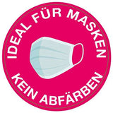 Maybelline Superstay Matte Ink product graphic with a pale blue disposable face mask and German text stating no color transfer.