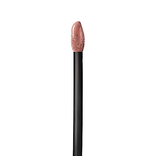 Maybelline Superstay Matte Ink lipstick applicator with a black stem and nude pink liquid lipstick on its fuzzy tip