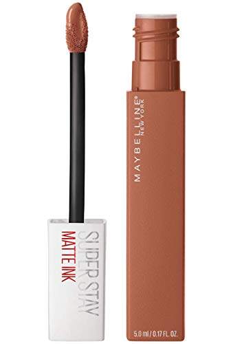 Maybelline Superstay Matte Ink liquid lipstick in warm nude brown, with a matching doe-foot applicator and clear cap