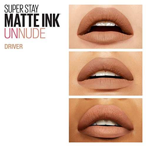 Maybelline Superstay Matte Ink lipstick shown on lips in three nude matte shades with a smooth finish
