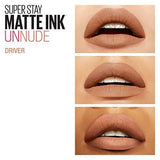Maybelline Superstay Matte Ink lipstick shown on lips in three nude matte shades with a smooth finish
