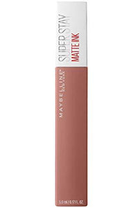 Maybelline Superstay Matte Ink liquid lipstick in muted nude rose, with a rectangular tube and white cap