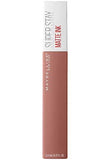 Maybelline Superstay Matte Ink liquid lipstick in muted nude rose, with a rectangular tube and white cap