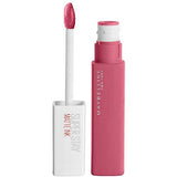 Maybelline Superstay Matte Ink liquid lipstick in a pink tube with white applicator and rosy nude color on the wand