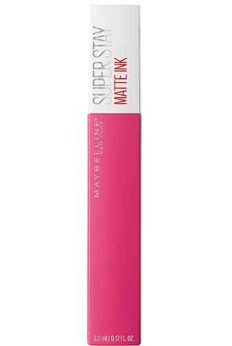 Maybelline Superstay Matte Ink liquid lipstick in a bright pink tube with a white cap and printed branding