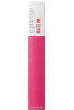 Maybelline Superstay Matte Ink liquid lipstick in a bright pink tube with a white cap and printed branding